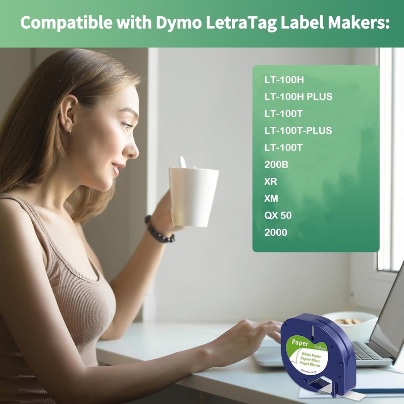Wonfoucs Compatible Label Tape Replacement for DYMO LetraTag Refills 91330 10697 Self-Adhesive Paper 12mm x 4m- 1/2 x 13 White Tape for DYMO LetraTag Label Makers Plus LT-100T LT-100H QX50, 10 Pack - Image 5